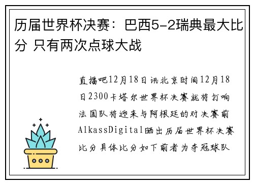 历届世界杯决赛：巴西5-2瑞典最大比分 只有两次点球大战