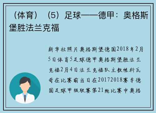 （体育）（5）足球——德甲：奥格斯堡胜法兰克福